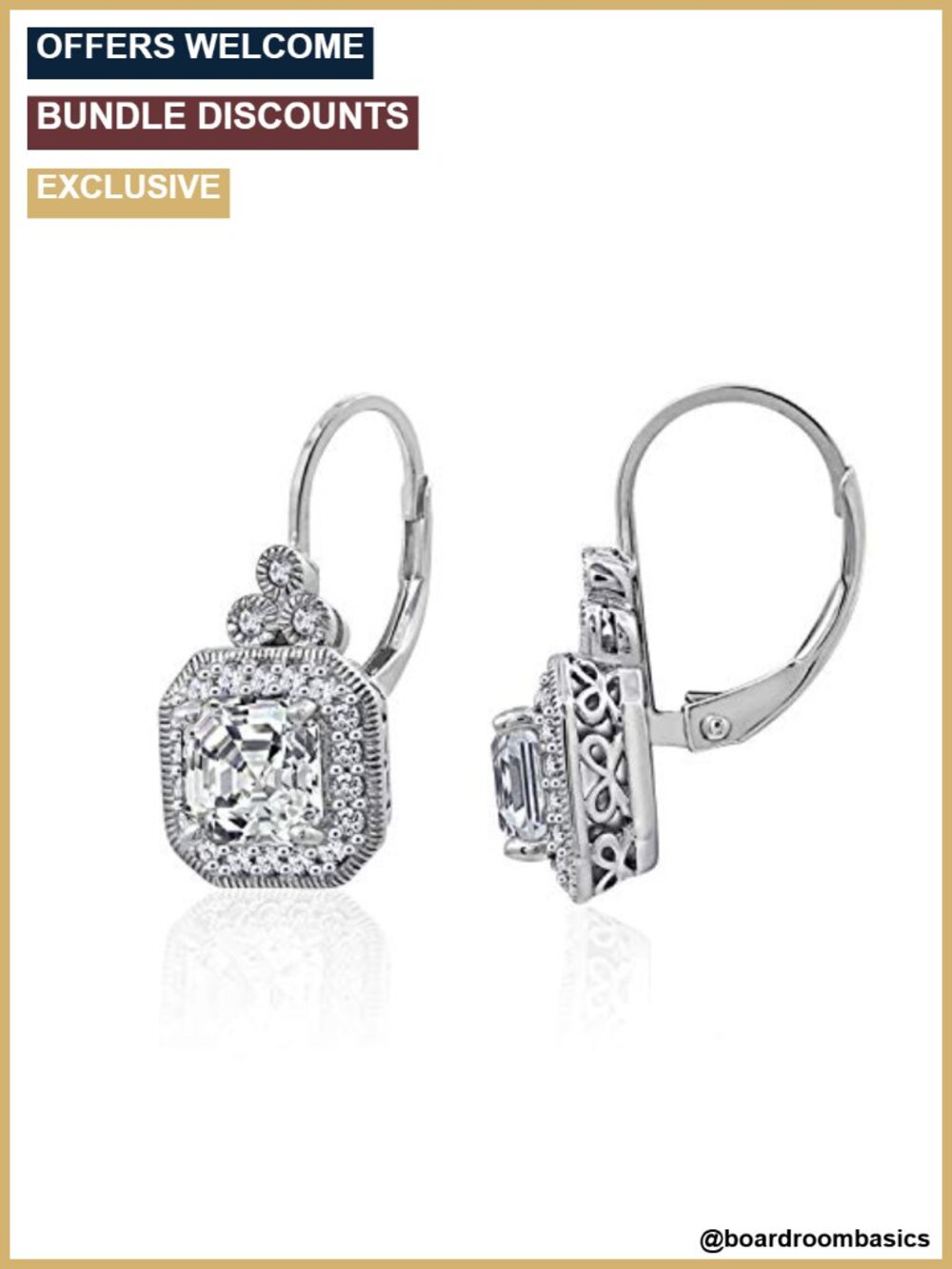 Platinum Plated Sterling Silver Asscher Cut CZ Drop Earrings